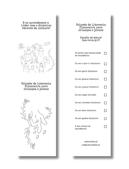 Marcador de livro da coleção de literacia financeira para crianças e jovens com checklist dos livros lidos