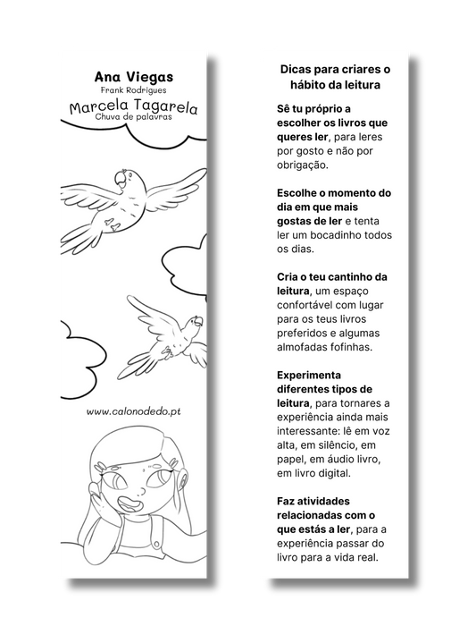 Marcador de livros da Marcela Tagarela, de Ana Viegas e Frank Rodrigues, com dicas para criar o hábito da leitura