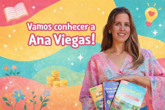 Ana Viegas com livros da Calo no Dedo no banner «Vamos conhecer a Ana Viegas!».