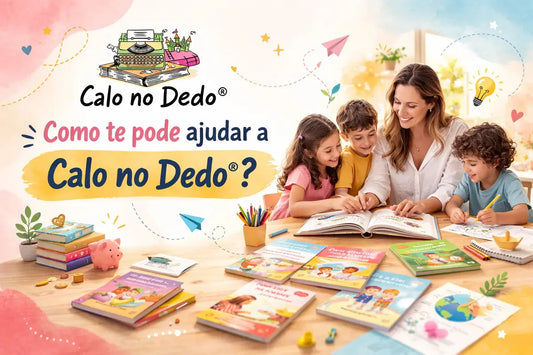 Uma adulta e crianças a lerem juntas, rodeadas de livros, no banner da Calo no Dedo.