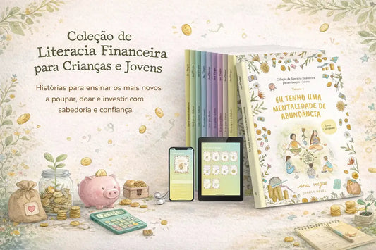 Coleção de literacia financeira para crianças e jovens, com livros, dispositivos digitais, mealheiros e calculadora.