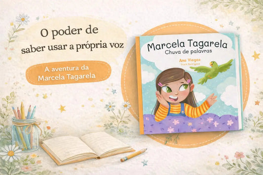 Livro «Marcela Tagarela — Chuva de palavras» no banner «O poder de saber usar a própria voz».