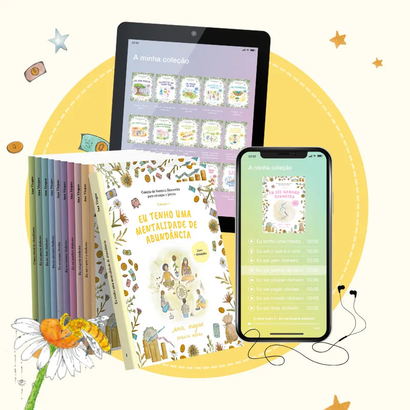 Coleção de literacia financeira para crianças e jovens em livros, tablet e telemóvel.