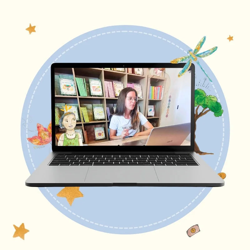 Computador portátil com uma sessão de formação online e livros da Calo no Dedo.