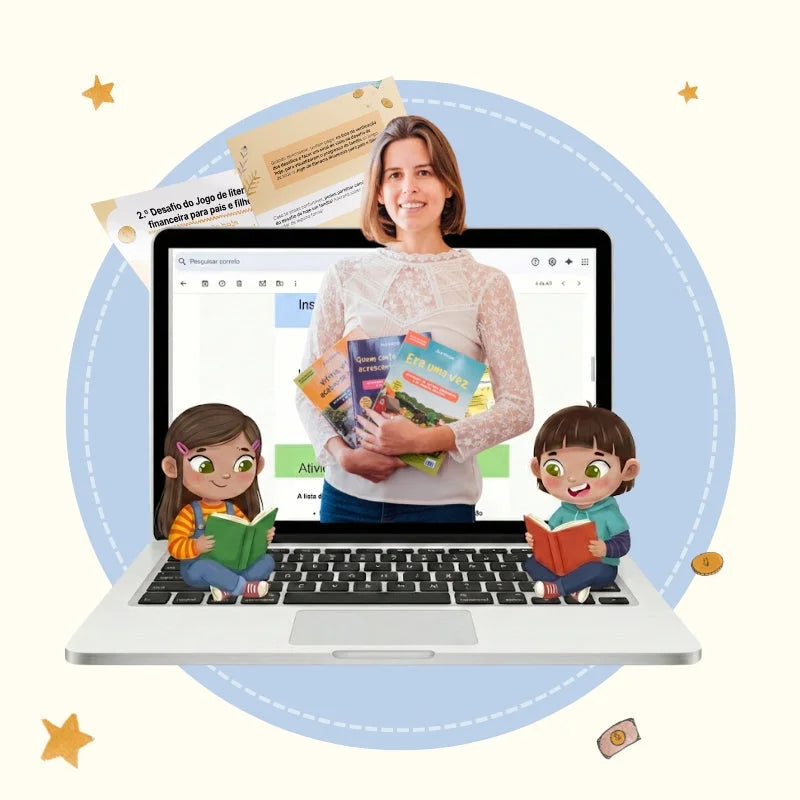 Ana Viegas com livros num computador portátil, acompanhada pelas personagens Marcela e Renato.