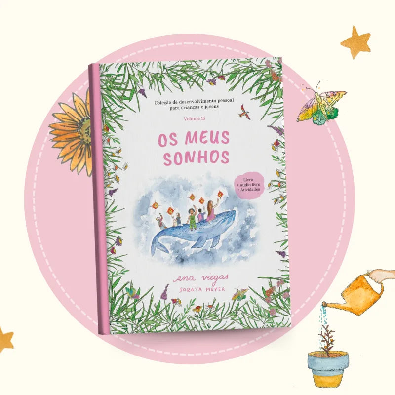 Capa do livro «Os meus sonhos», com ilustrações de crianças e elementos da natureza.