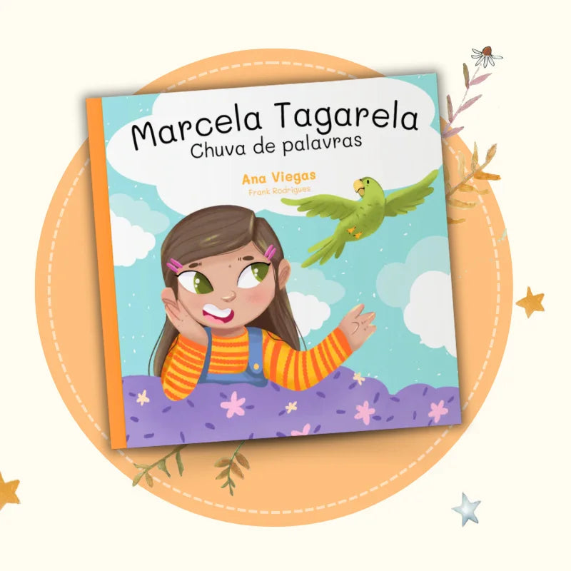 Capa de «Marcela Tagarela — Chuva de palavras», com a personagem Marcela e um pássaro.