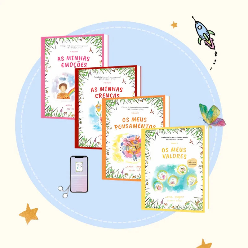 Pack com os livros «As minhas emoções», «As minhas escolhas», «Os meus pensamentos» e «Os meus valores».