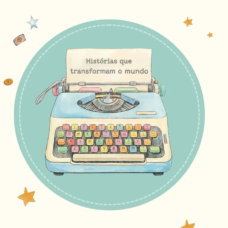 Máquina de escrever ilustrada com a frase «Histórias que transformam o mundo».