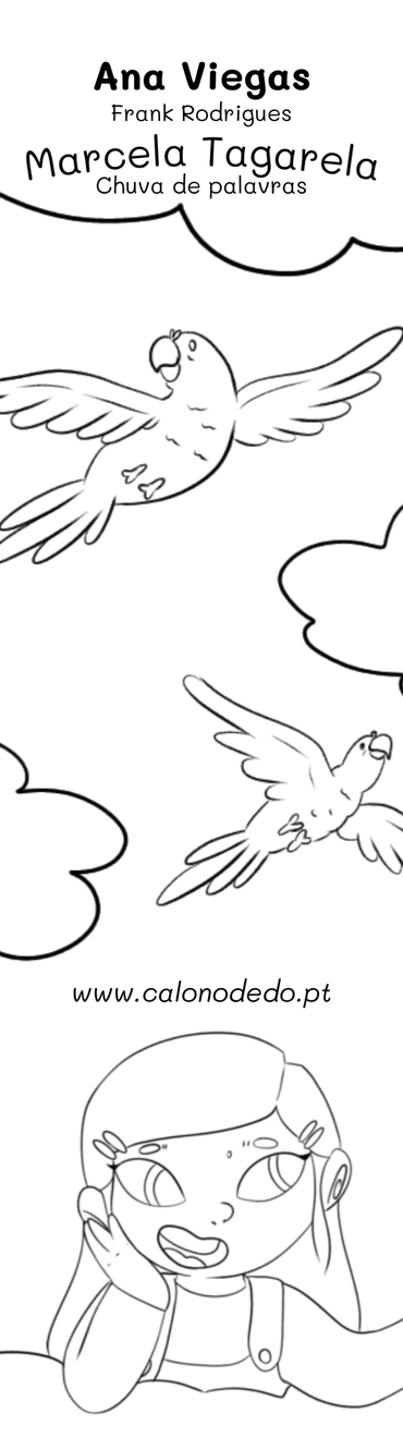 Frente do marcador de livro da Marcela Tagarela, da Livraria Calo no Dedo, de Ana Viegas e Frank Rodrigues