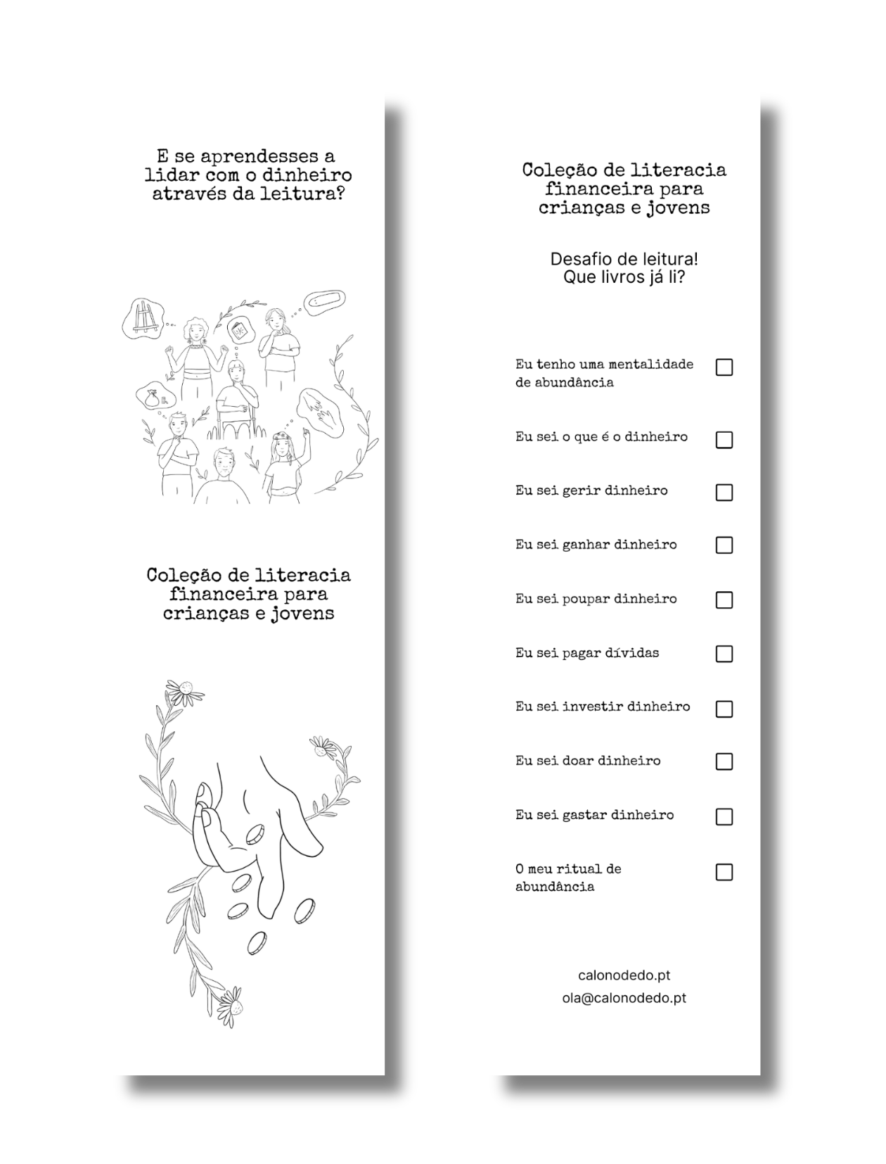 Marcador de livro da coleção de literacia financeira para crianças e jovens com checklist dos livros lidos