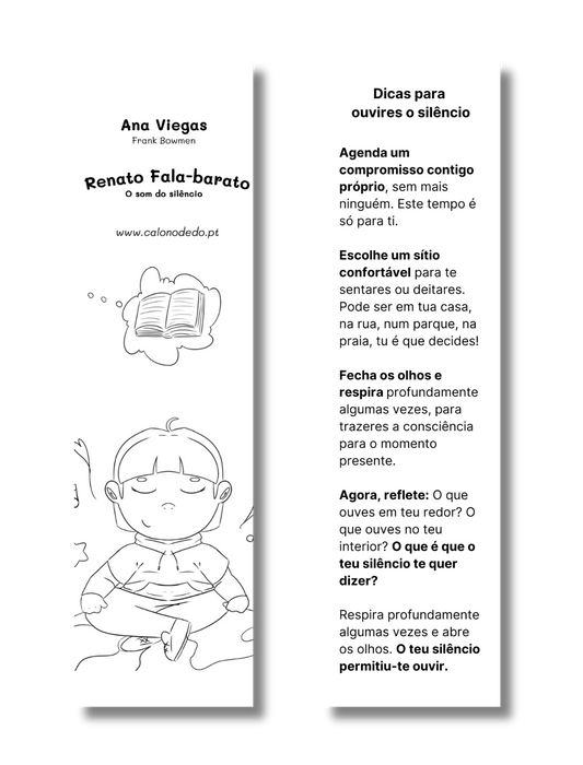 Marcador de livro do Renato Fala Barato, de Ana Viegas e Frank Bowmen, com dicas para ouvir o silêncio