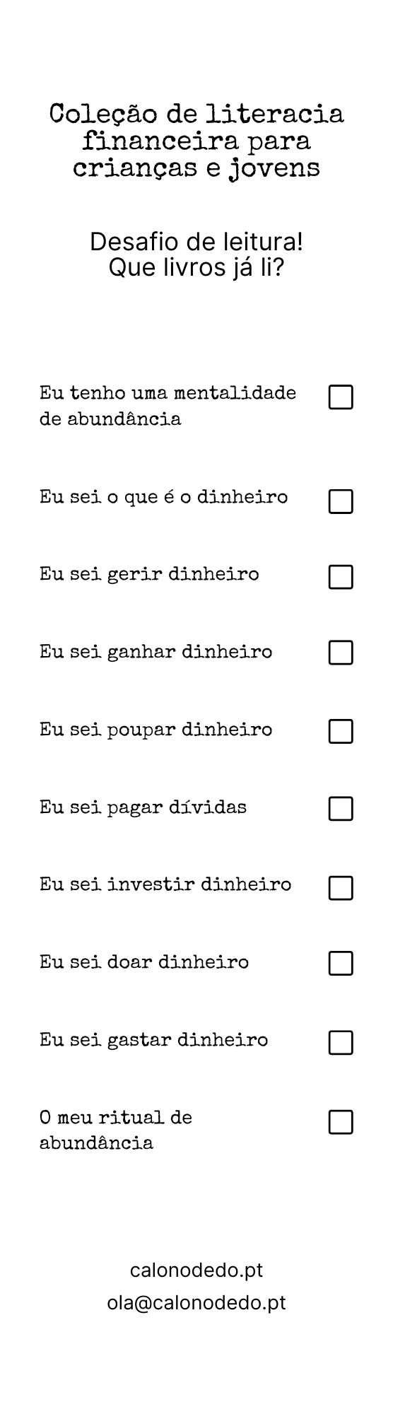 Desafio de leitura da coleção de literacia financeira para crianças e jovens da Livraria Calo no Dedo