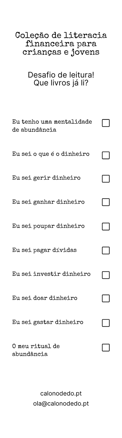 Desafio de leitura da coleção de literacia financeira para crianças e jovens da Livraria Calo no Dedo