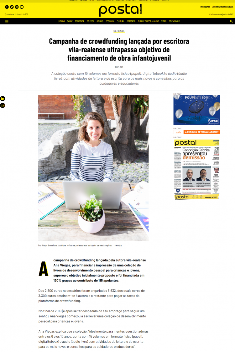 Noticia sobre o crowdfunding que financiou o lançamento das primeiras obras infantojuvenis da autora Ana Viegas